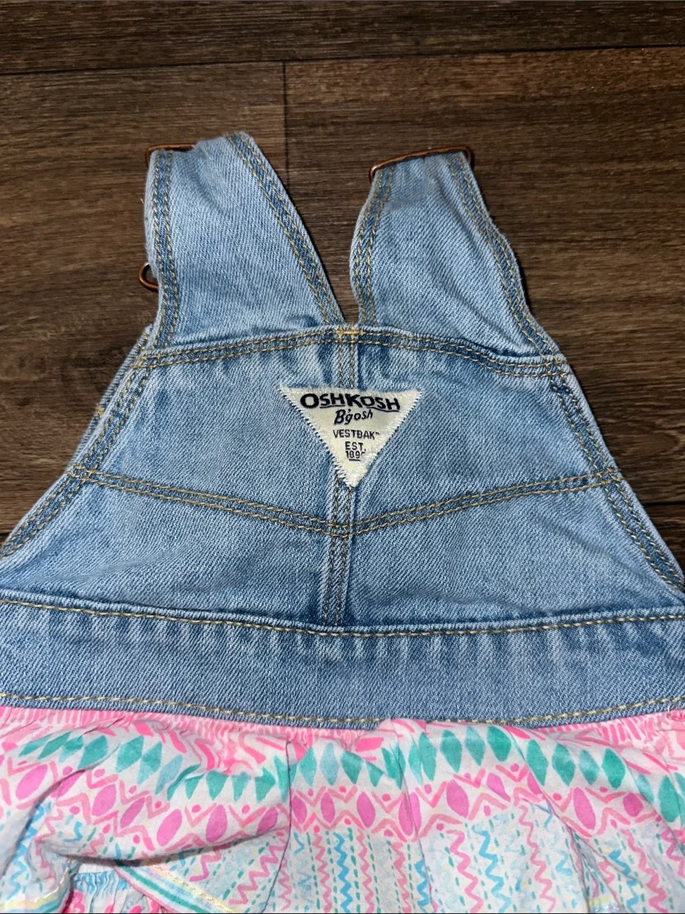 OshKosh B'gosh Denim Overall ruffle dress with Pink and Aqua Pattern